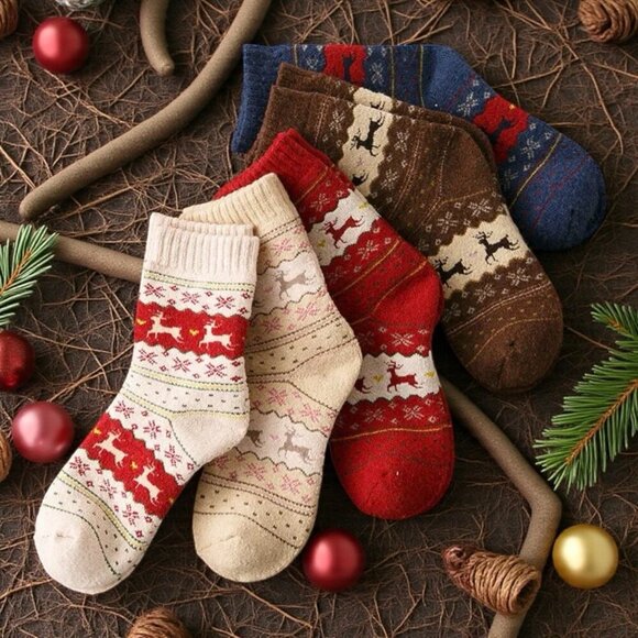 Unbranded Accessories - NEW 5 Sets Womens Wool Blend Reindeer Fair Isle Snowflake Cabin Socks Bundle